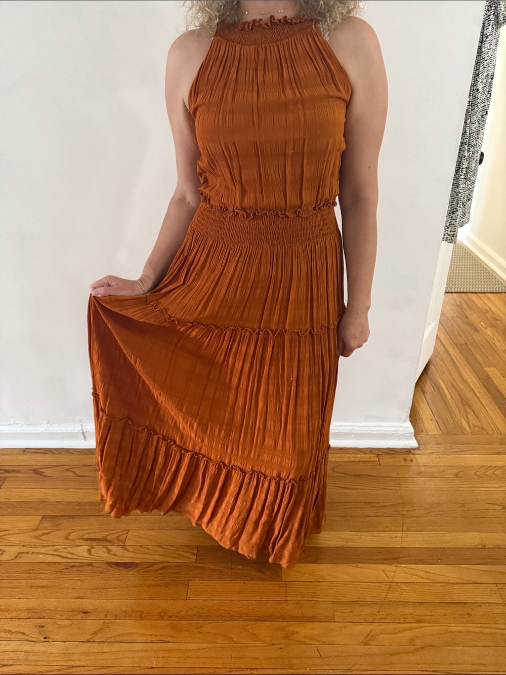 Just...Taylor Rust Halter Tiered Maxi Dress